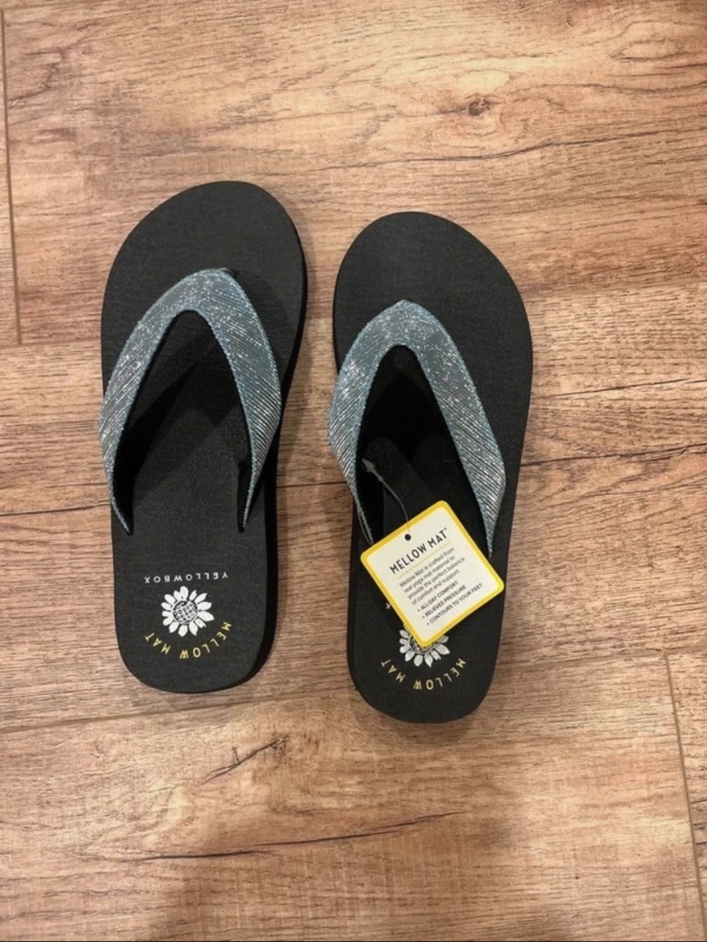 Yellow Box Black Flip Flops with Blue Shimmer Straps
